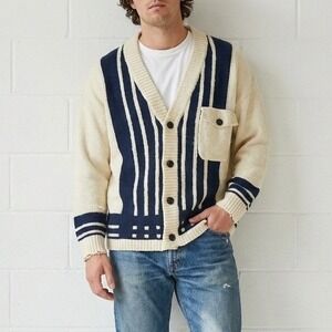 Levi's Made and Crafted Throw Over Cardigan Sweater Mens Small Cream Blue Cotton